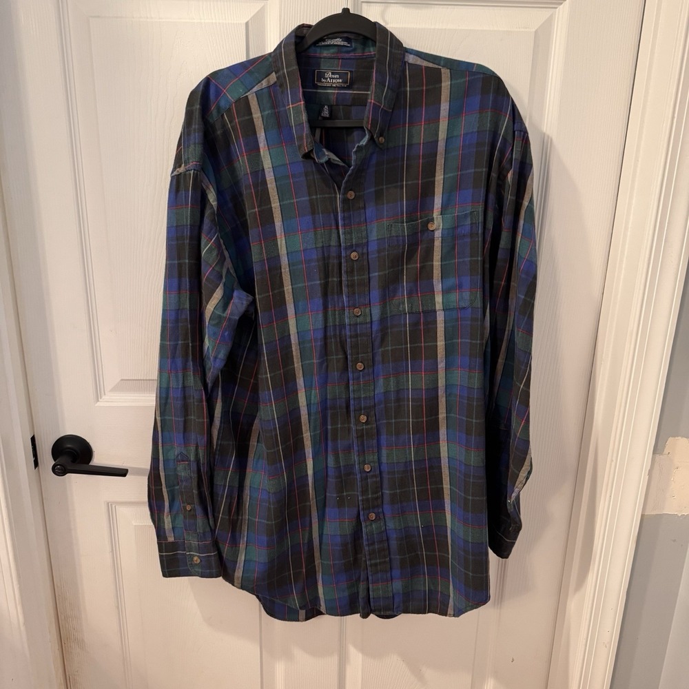 Dover by Arrow‎ Blue Plaid Flannel Button-Down Men's Size XL Tall